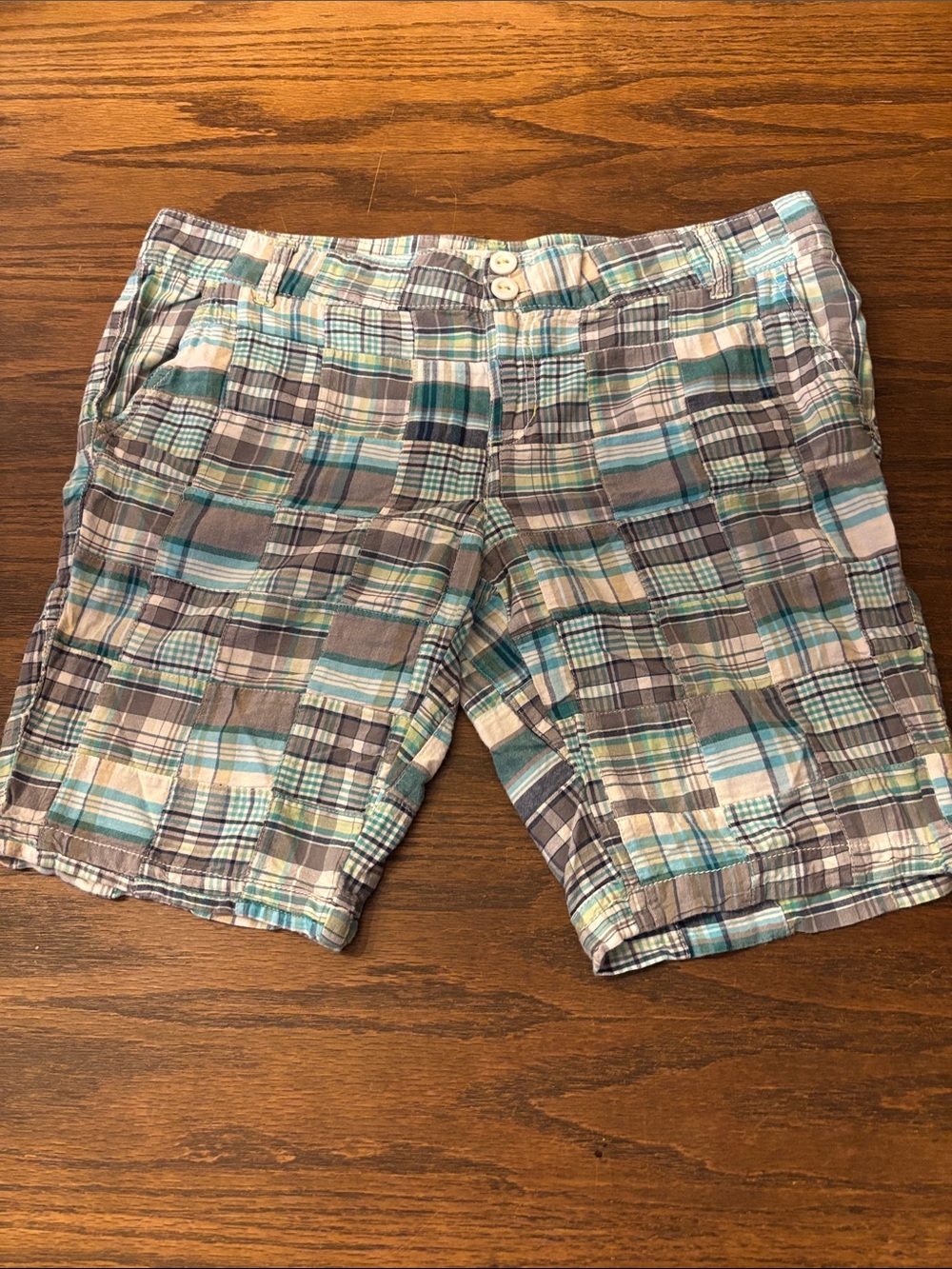 Aeropostale Plaid Patchwork Shorts in Teal, Gray & Cream